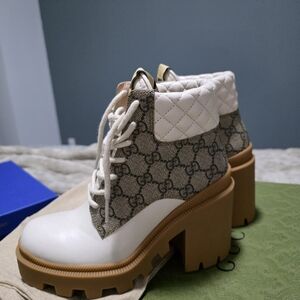 Gucci Cream, Brown and Tan Quilted-Collar Lace-Up Platform Boots